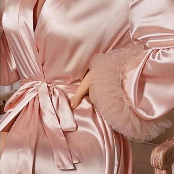 Valentines Pink Satin Smooth Belted Robe Kimono - Picture 5 of 12